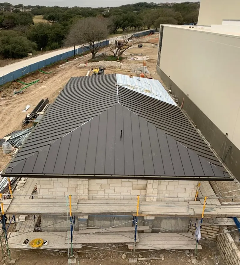 Metal roof new construction with scaffolding in Hilliard